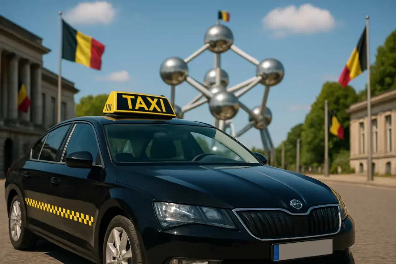 Schwarzer Taxi in Belgien vor dem Atomium. Belgische Flaggen wehen im Hintergrund.