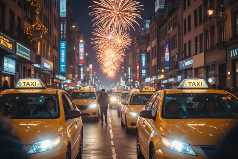 Gelbe Taxis stehen in einer beleuchteten Straße, während Feuerwerk den Silvesterhimmel erhellt.