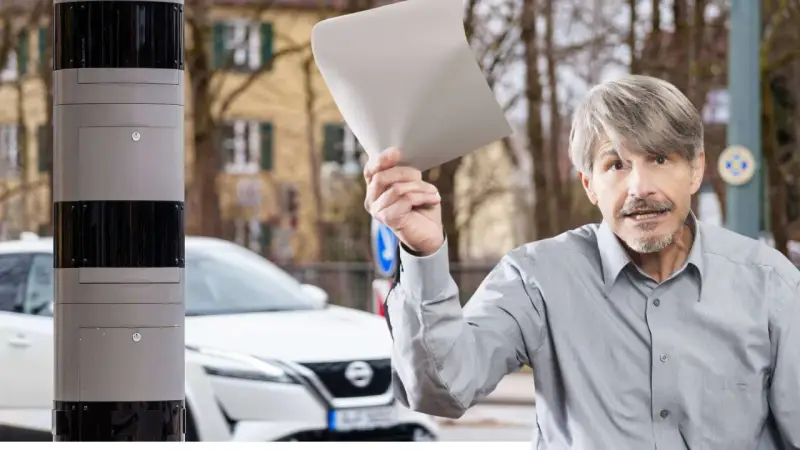 Mann hält Papier hoch, wütend auf Blitzer Arten. Neben ihm ein Messgerät.
